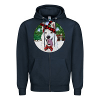 Navy Christmas White Shepherd With Cowhide Zipper Hoodie - RanaPortraitStore