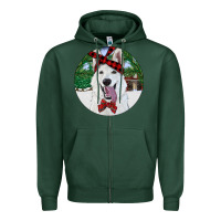 Sports Green Christmas White Shepherd With Cowhide Zipper Hoodie - RanaPortraitStore