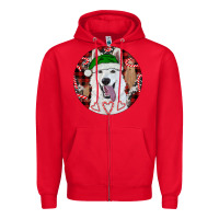 Red Christmas White Shepherd With Buffalo Plaid Zipper Hoodie - RanaPortraitStore