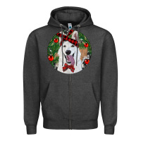 Charcoal Heather Christmas White Shepherd With Cowhide Zipper Hoodie - RanaPortraitStore