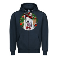 Navy Christmas White Shepherd With Cowhide Zipper Hoodie - RanaPortraitStore