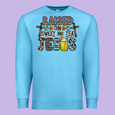 Raised On Sweet And Tea Jesus Premium Sweatshirt Designed By Cowhidedigitalart