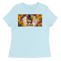 Baby Blue mess bun mama with sunflowers and colorful leopard license plate Ladies Tee - BarkalooDesign