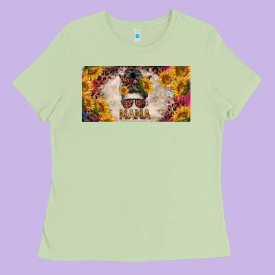 Mess Bun Mama With Sunflowers And Colorful Leopard License Plate Ladies Tee Designed By Barkaloodesign