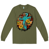 Army Green western turquoise's leopard cross  wooden aztek sunflowers background Long Sleeve Tee - BarkalooDesign