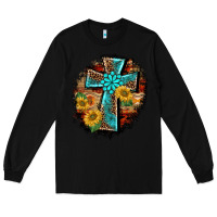 Black western turquoise's leopard cross  wooden aztek sunflowers background Long Sleeve Tee - BarkalooDesign