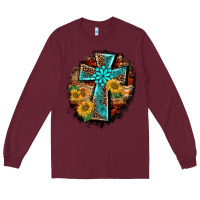 Burgundy western turquoise's leopard cross  wooden aztek sunflowers background Long Sleeve Tee - BarkalooDesign