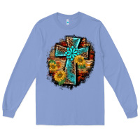 Colony Blue western turquoise's leopard cross  wooden aztek sunflowers background Long Sleeve Tee - BarkalooDesign