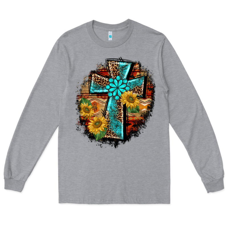 Western Turquoise's Leopard Cross  Wooden Aztek Sunflowers Background Long Sleeve Tee by BarkalooDesign | Teevron