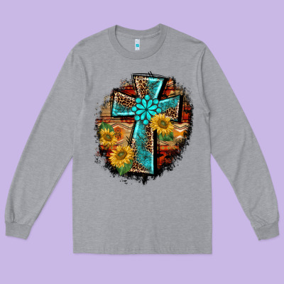 Western Turquoise's Leopard Cross  Wooden Aztek Sunflowers Background Long Sleeve Tee Designed By Barkaloodesign