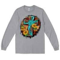 Heather Grey western turquoise's leopard cross  wooden aztek sunflowers background Long Sleeve Tee - BarkalooDesign