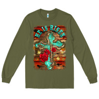Army Green he is risen cross with roses background Long Sleeve Tee - BarkalooDesign