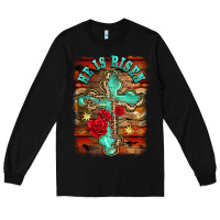 Black he is risen cross with roses background Long Sleeve Tee - BarkalooDesign