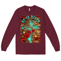 Burgundy he is risen cross with roses background Long Sleeve Tee - BarkalooDesign
