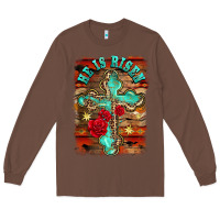 Chestnut he is risen cross with roses background Long Sleeve Tee - BarkalooDesign
