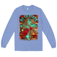 Colony Blue he is risen cross with roses background Long Sleeve Tee - BarkalooDesign