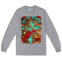 Heather Grey he is risen cross with roses background Long Sleeve Tee - BarkalooDesign