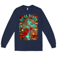 Navy he is risen cross with roses background Long Sleeve Tee - BarkalooDesign