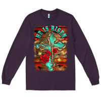 Plum he is risen cross with roses background Long Sleeve Tee - BarkalooDesign