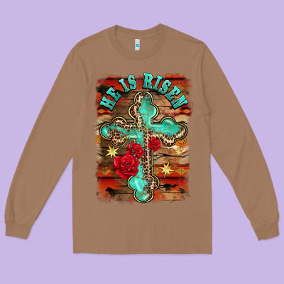 He Is Risen Cross With Roses Background Long Sleeve Tee Designed By Barkaloodesign