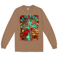Toasted Coconut he is risen cross with roses background Long Sleeve Tee - BarkalooDesign