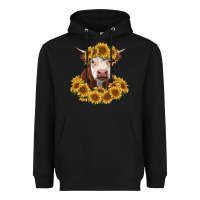 Black hereford cow with sunflowers Heavyweight Hoodie - RanaPortraitStore