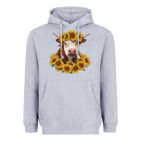 Heather Grey hereford cow with sunflowers Heavyweight Hoodie - RanaPortraitStore