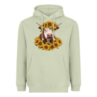 Matcha hereford cow with sunflowers Heavyweight Hoodie - RanaPortraitStore