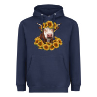 Navy hereford cow with sunflowers Heavyweight Hoodie - RanaPortraitStore