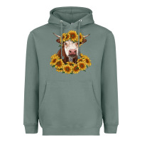 Sage hereford cow with sunflowers Heavyweight Hoodie - RanaPortraitStore