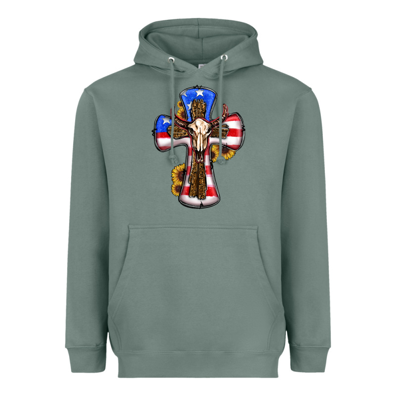 American Flag Cross Cow Skull Sunflowers Heavyweight Hoodie by RanaPortraitStore | Teevron