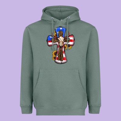 American Flag Cross Cow Skull Sunflowers Heavyweight Hoodie Designed By Ranaportraitstore