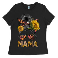 Black mess bun mama sunflowers Ladies Tee - BarkalooDesign