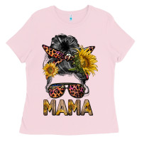 Bubblegum Pink mess bun mama sunflowers Ladies Tee - BarkalooDesign