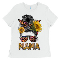 White mess bun mama sunflowers Ladies Tee - BarkalooDesign