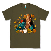 Army Green Fall afro woman with coffee Classic Tee - RanaPortraitStore