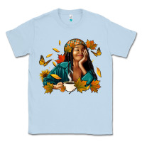 Dusty Blue Fall afro woman with coffee Classic Tee - RanaPortraitStore