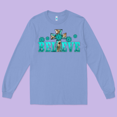 Western Turquoise's Gemstones Cross Believe Long Sleeve Tee Designed By Barkaloodesign