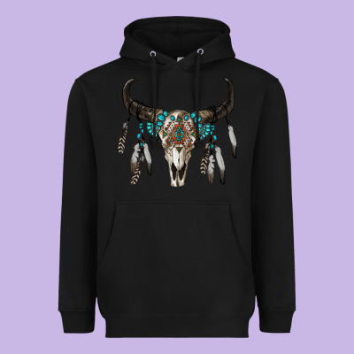 Boho Bull Skull Heavyweight Hoodie Designed By Ranaportraitstore