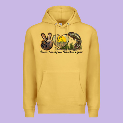 Peace Love Green Chameleon Lizard Premium Hoodie Designed By Lillyallendesigns