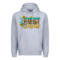 Heather Grey but first jesus Premium Hoodie - NancyCooperArtShop