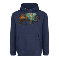 Navy aztec bison Heavyweight Hoodie - RanaPortraitStore
