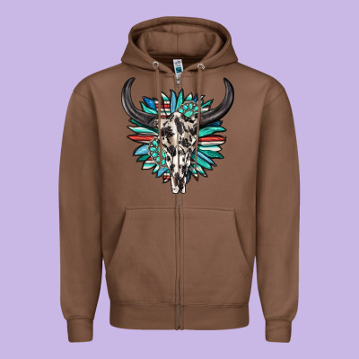 Zipper Hoodie western bull skull with sunflower and gemstone