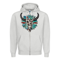 Dove Grey western bull skull with sunflower and gemstone Zipper Hoodie - texasbilliewilder