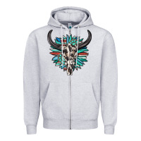 Heather Grey western bull skull with sunflower and gemstone Zipper Hoodie - texasbilliewilder