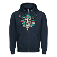 Navy western bull skull with sunflower and gemstone Zipper Hoodie - texasbilliewilder