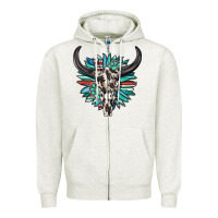 Oatmeal Heather western bull skull with sunflower and gemstone Zipper Hoodie - texasbilliewilder