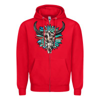 Red western bull skull with sunflower and gemstone Zipper Hoodie - texasbilliewilder