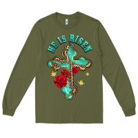 Army Green he is risen cross with roses Long Sleeve Tee - BarkalooDesign
