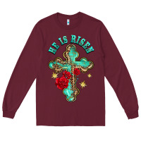 Burgundy he is risen cross with roses Long Sleeve Tee - BarkalooDesign